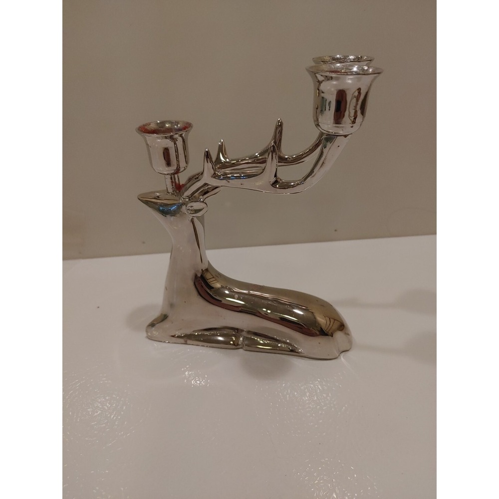 Taper Candle Holder Resting Stag Deer Antlers Silvertone 7" Tall Vintage